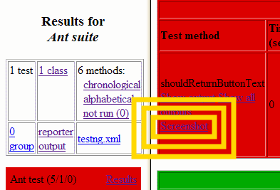 Screenshot of a failed TestNG GUI test